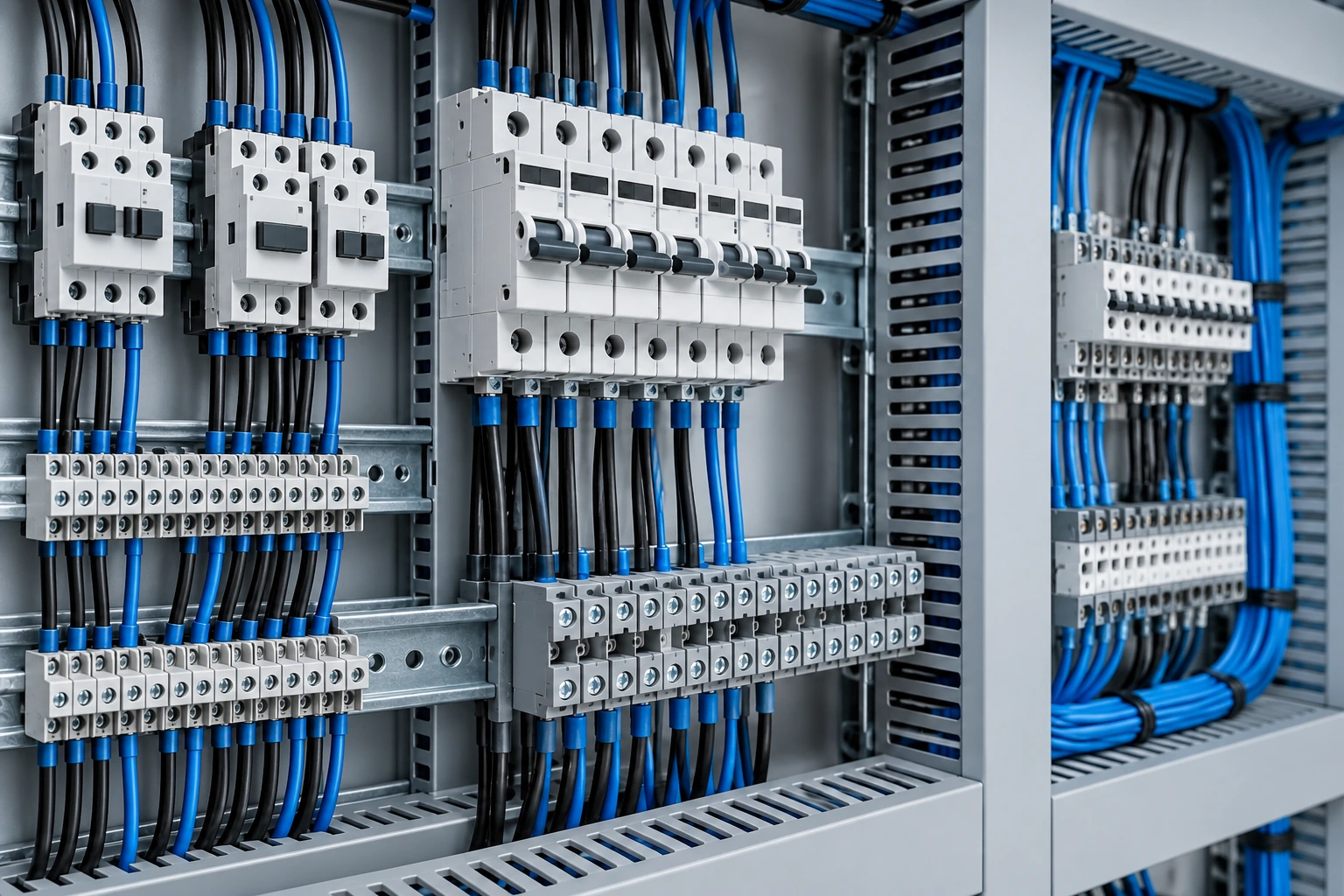 Detal aparatury elektrycznej i uporządkowanych przewodów wewnątrz szafy sterowniczej