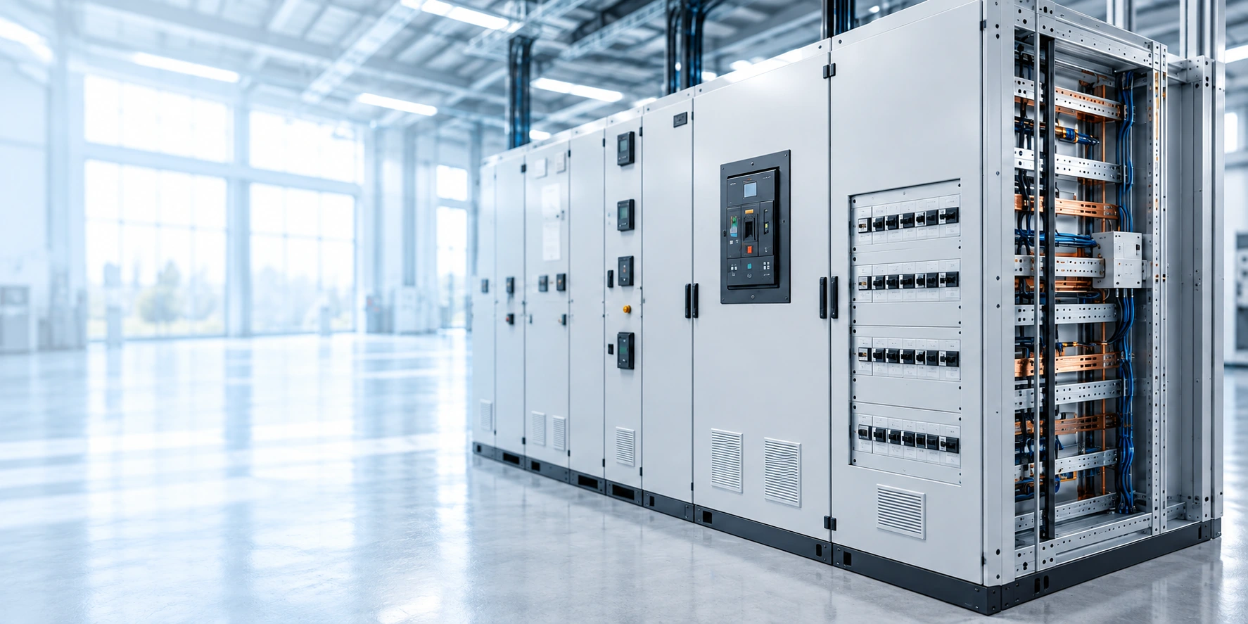 Jasnoszare rozdzielnice elektryczne z widoczną aparaturą i szynami miedzianymi